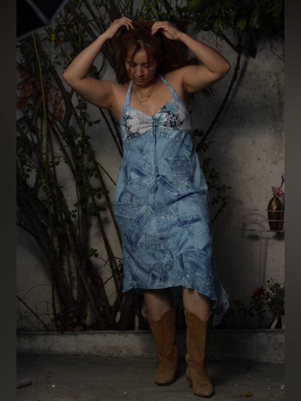 Light Blue Patchwork Halter Slip Dress